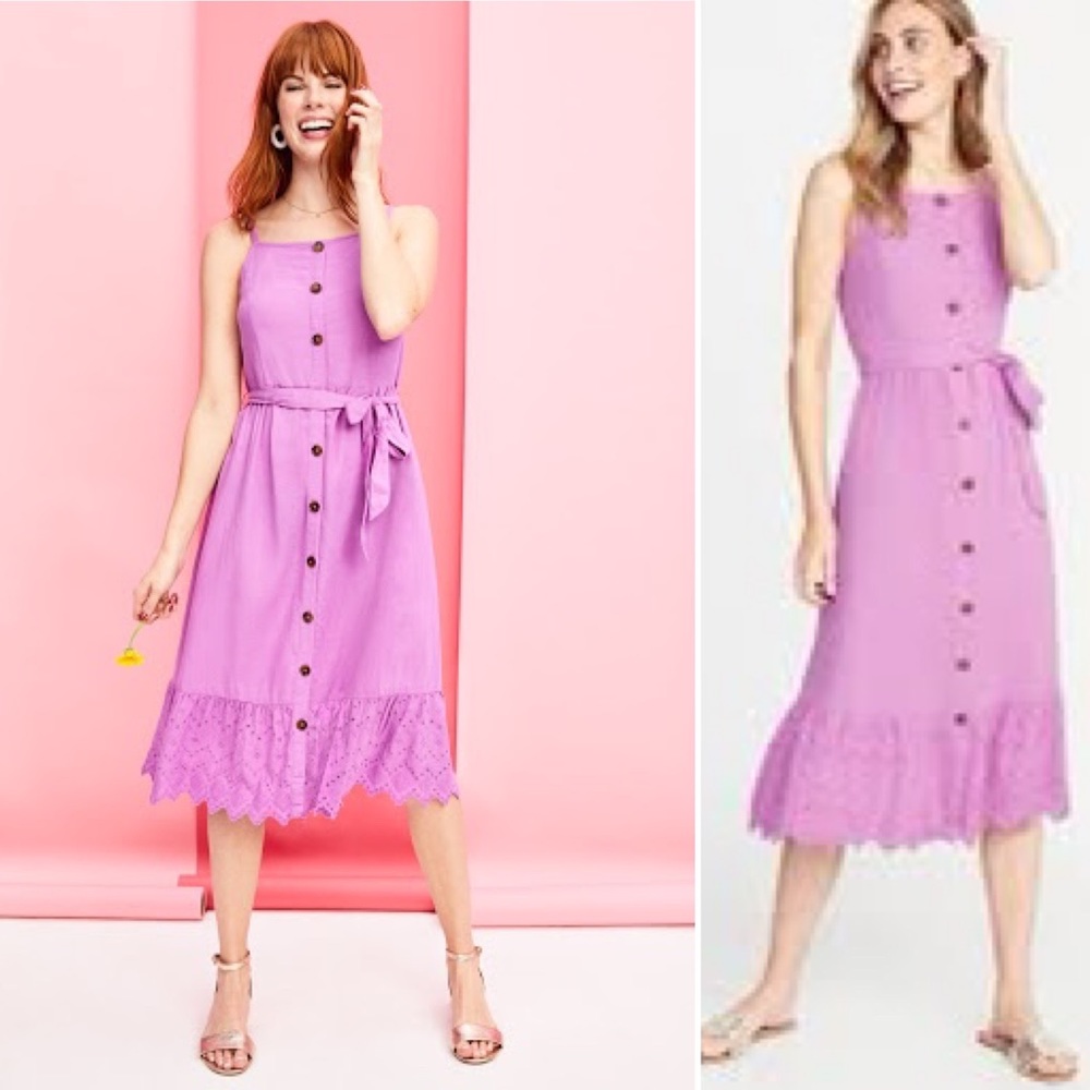Old Navy purple button front eyelet hem midi dress